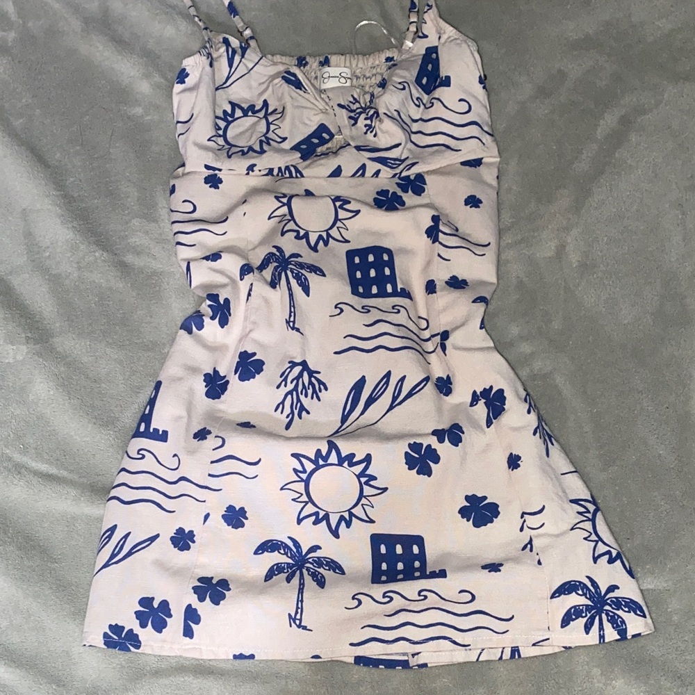 Jessica Simpson Blue Beach Print Linen Mini Cocktail Dress XSmall